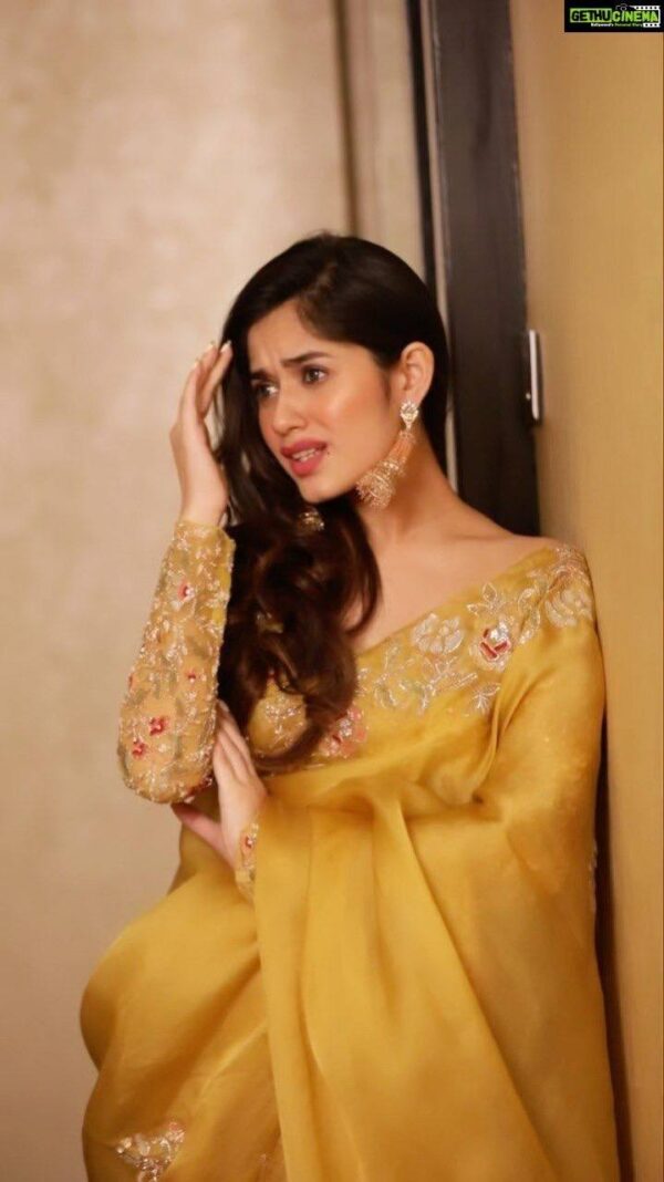 Blossom yellow net sequins and zardozi embroidered blouse and hand crafted satin organza saree