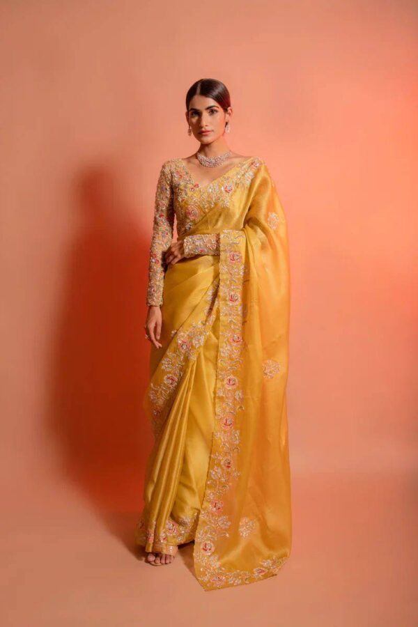 Blossom yellow net sequins and zardozi embroidered blouse and hand crafted satin organza saree - Image 8