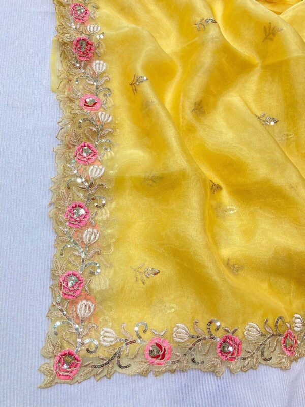 Blossom yellow net sequins and zardozi embroidered blouse and hand crafted satin organza saree - Image 10