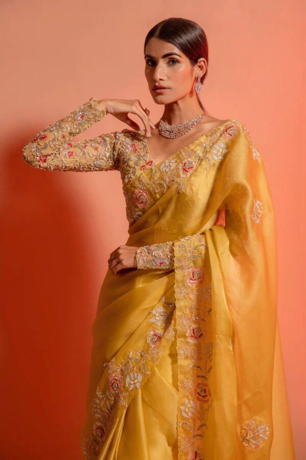 Blossom yellow net sequins and zardozi embroidered blouse and hand crafted satin organza saree - Image 5