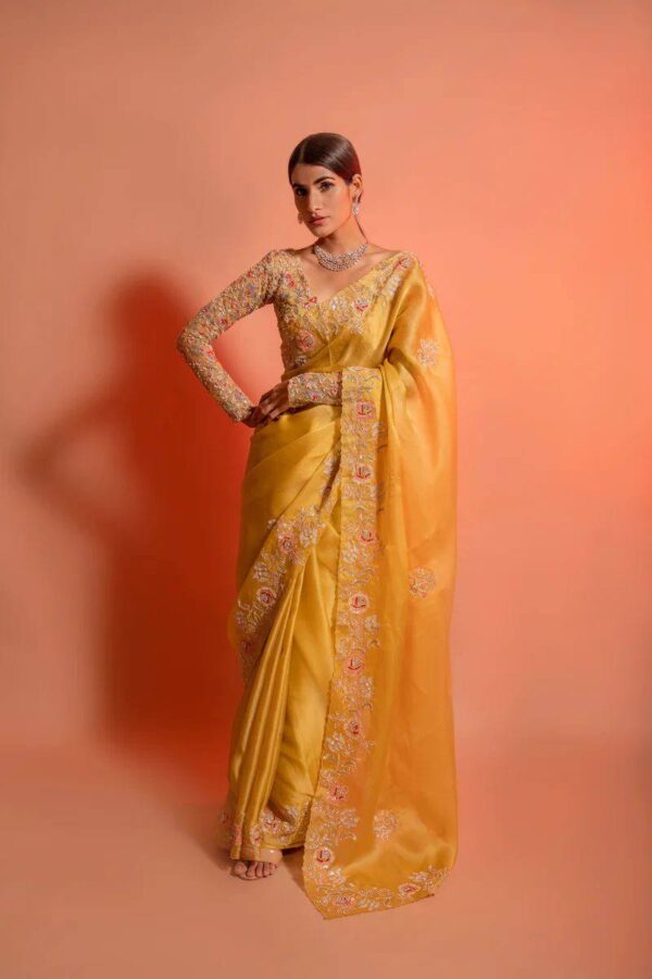 Blossom yellow net sequins and zardozi embroidered blouse and hand crafted satin organza saree - Image 4