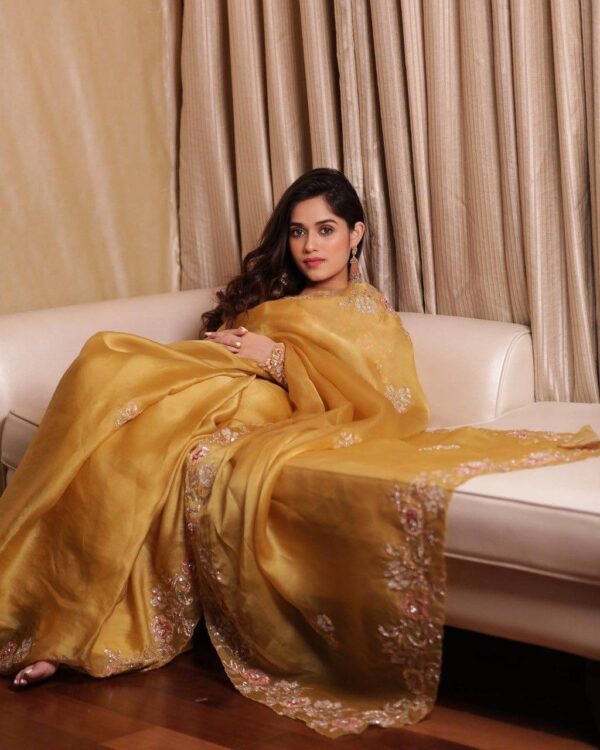 Blossom yellow net sequins and zardozi embroidered blouse and hand crafted satin organza saree - Image 3