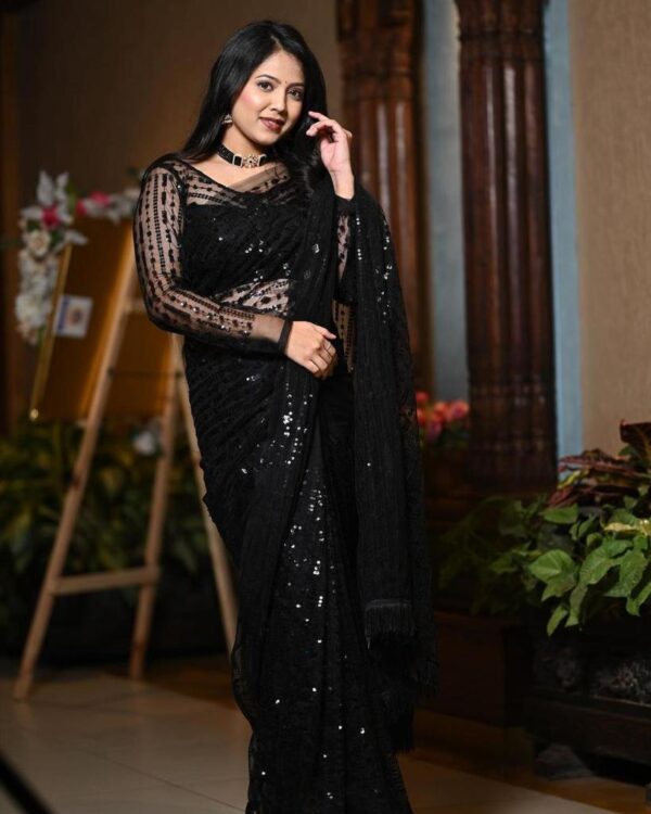 Black Color Glorious Premium Nylon Mono Net With 5 MM Sequence Work nd Tassels Saree For Women - Image 15