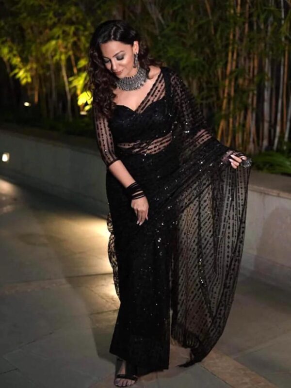 Black Color Glorious Premium Nylon Mono Net With 5 MM Sequence Work nd Tassels Saree For Women - Image 14