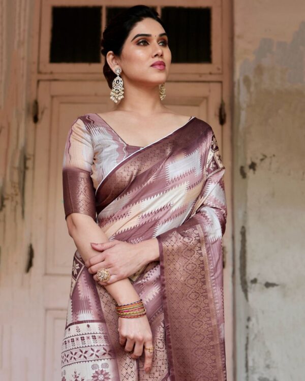 Brown Green Digital Print Dolla Silk Party Wear Ethnic Saree With Blouse - Image 6