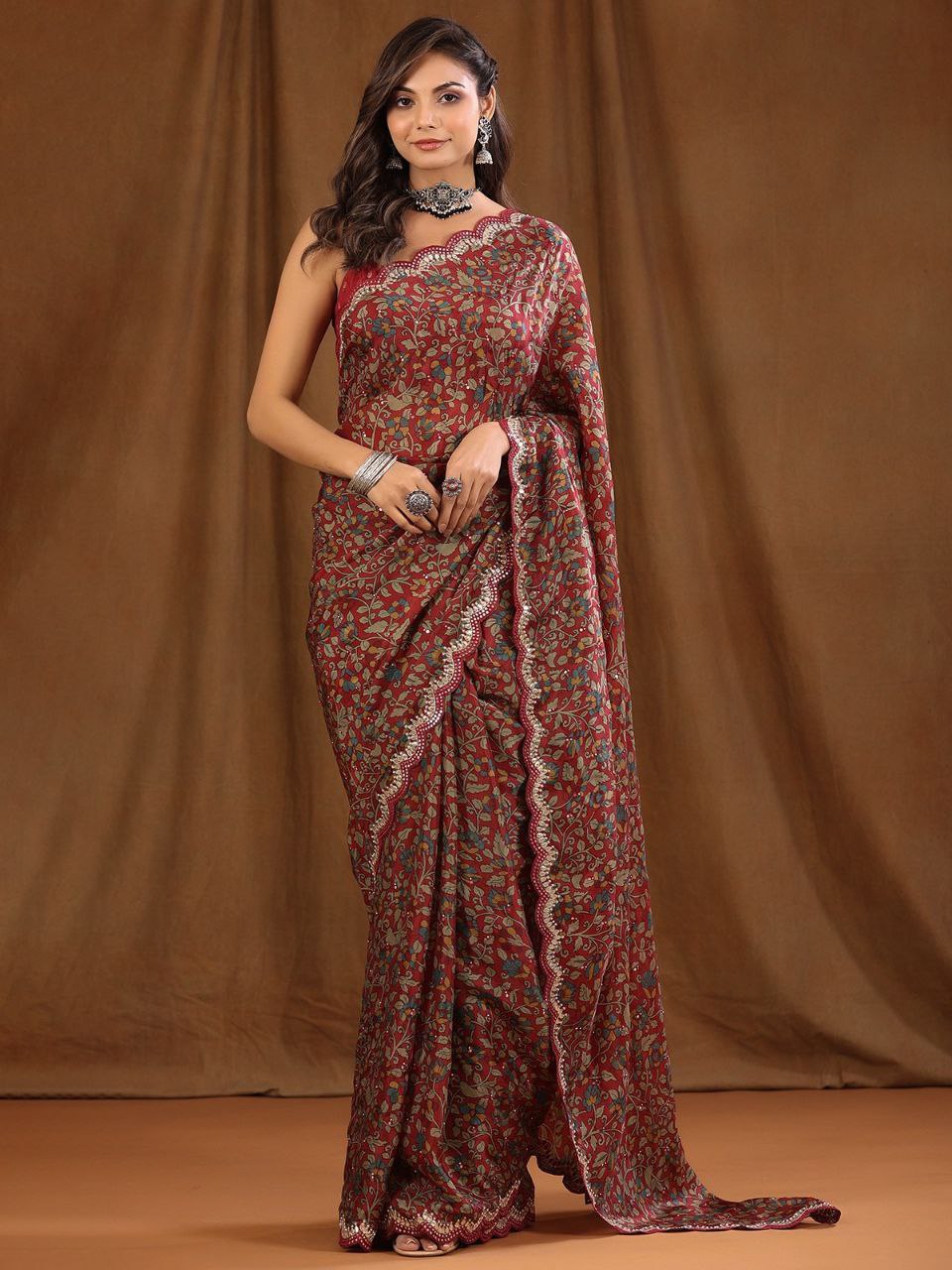 Beautiful Floral Digital Print saree with Gota Embroidery Work Border