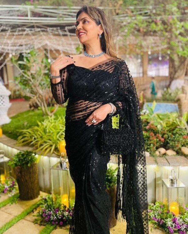 Black Color Glorious Premium Nylon Mono Net With 5 MM Sequence Work nd Tassels Saree For Women - Image 10