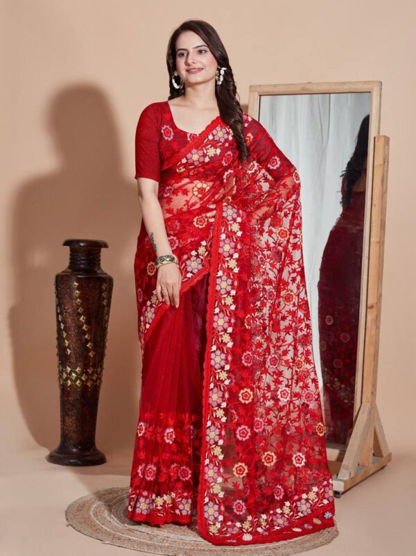 Butterfly Soft Net fabric with Embroider work and Multi work cut border Saree - Image 4