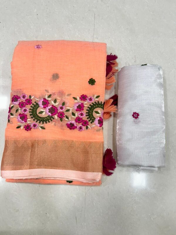 Embroidery Soft Linen Designer Sarees - Image 3