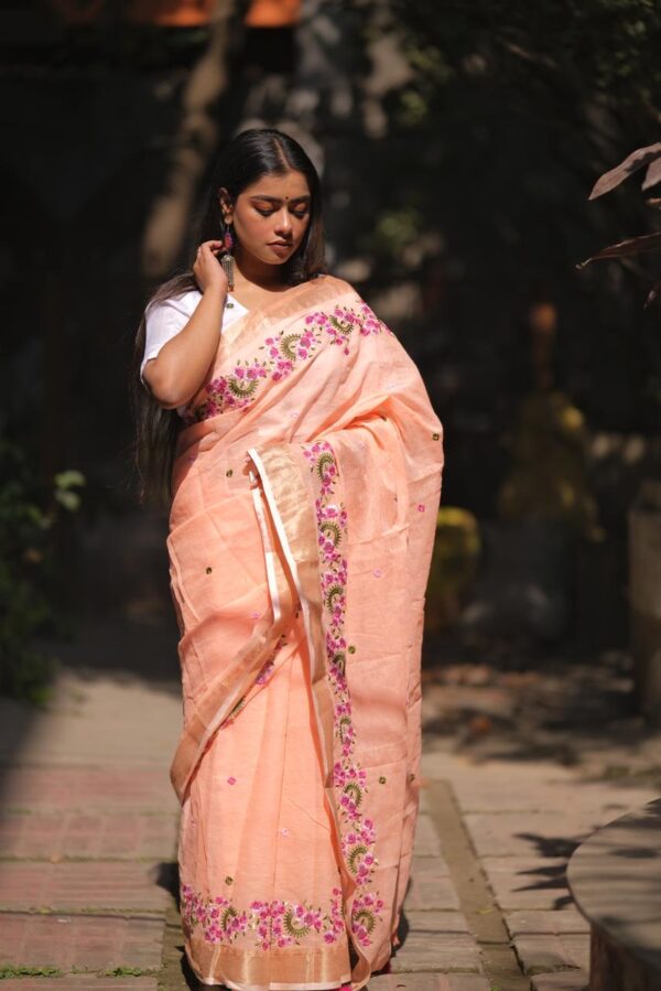 Embroidery Soft Linen Designer Sarees - Image 2