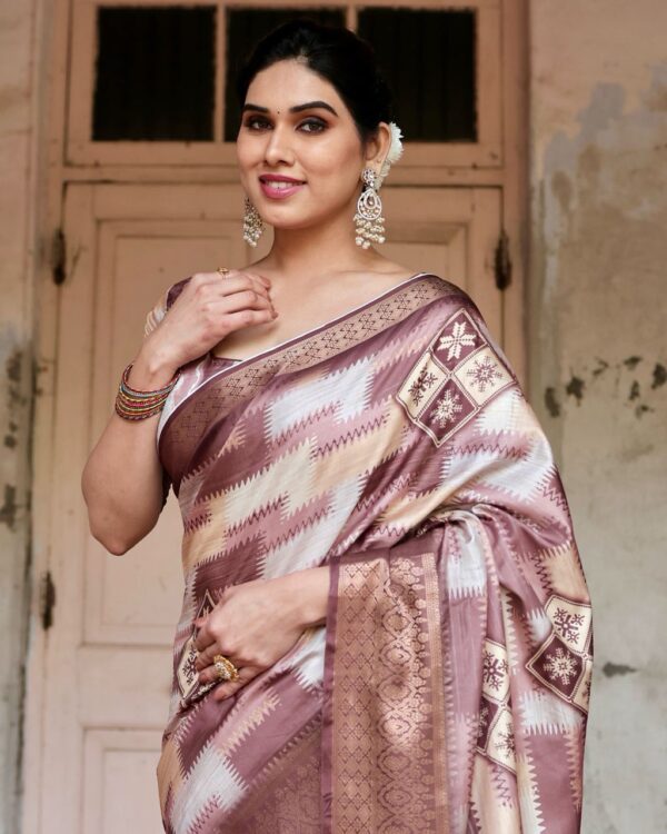 Brown Green Digital Print Dolla Silk Party Wear Ethnic Saree With Blouse - Image 3