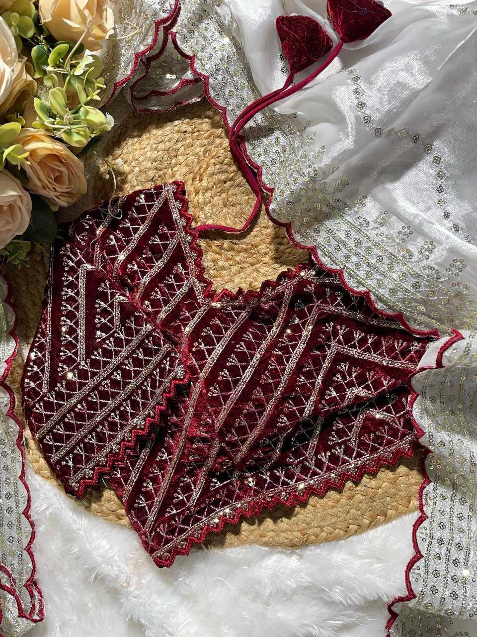 Havy Soft Organza Fabric With Beutiful Floral Prints With Beads And Katdana Handwork In Border