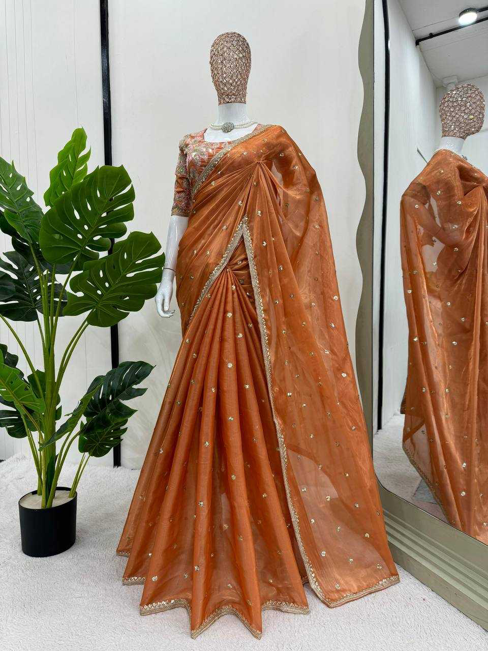 Fanta Orange Shimmery Organza Designer Saree