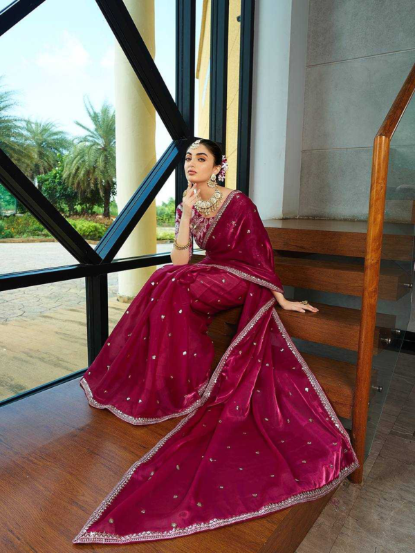 Pink Color Jimmy Choo Saree With Sequence Embroidery Work and Heavy Blouse - Image 7