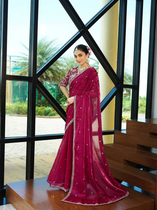Pink Color Jimmy Choo Saree With Sequence Embroidery Work and Heavy Blouse - Image 5