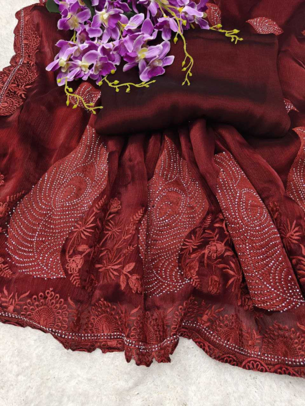 Soft Rich Burberry Silk Fabric Along With Designer Threads C-Pallu Work saree - Image 7