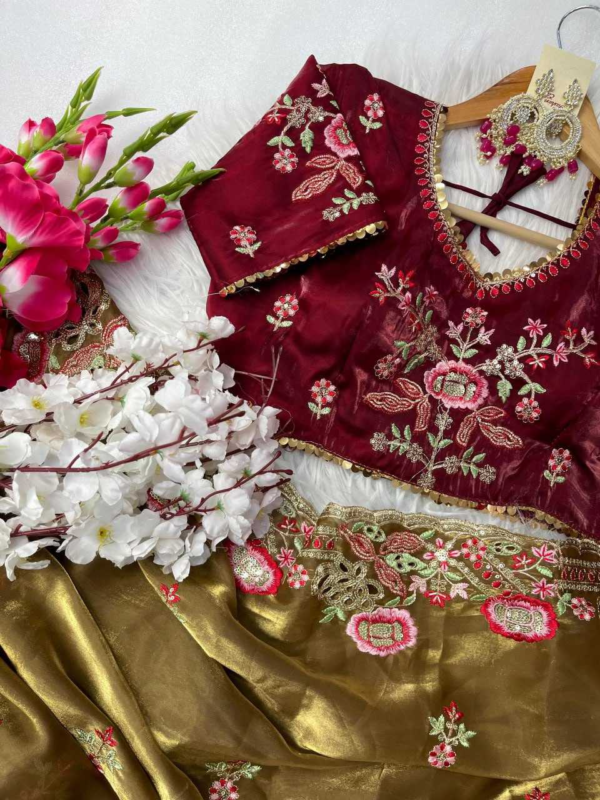 Elegant Pure Zimmy Choo Silk Blend Saree With Heavy Embroidery, Cutwork, And Sequins Border, Paired With Stitched Blouse - Image 6