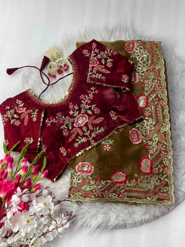 Elegant Pure Zimmy Choo Silk Blend Saree With Heavy Embroidery, Cutwork, And Sequins Border, Paired With Stitched Blouse - Image 2