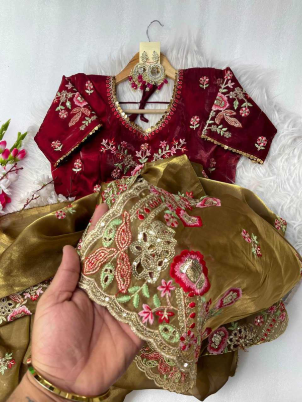 Elegant Pure Zimmy Choo Silk Blend Saree With Heavy Embroidery, Cutwork, And Sequins Border, Paired With Stitched Blouse - Image 7