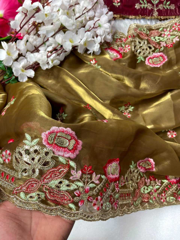 Elegant Pure Zimmy Choo Silk Blend Saree With Heavy Embroidery, Cutwork, And Sequins Border, Paired With Stitched Blouse - Image 8
