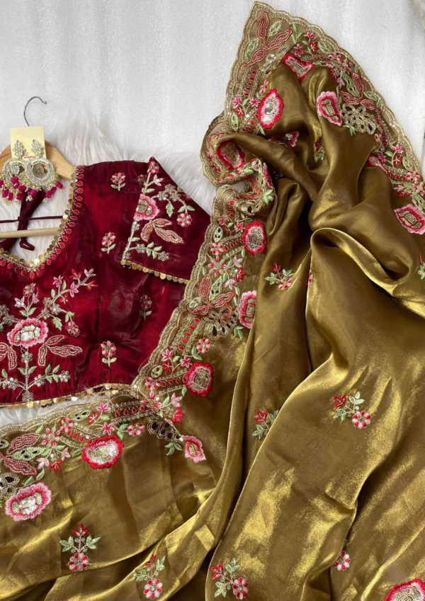Elegant Pure Zimmy Choo Silk Blend Saree With Heavy Embroidery, Cutwork, And Sequins Border, Paired With Stitched Blouse - Image 3