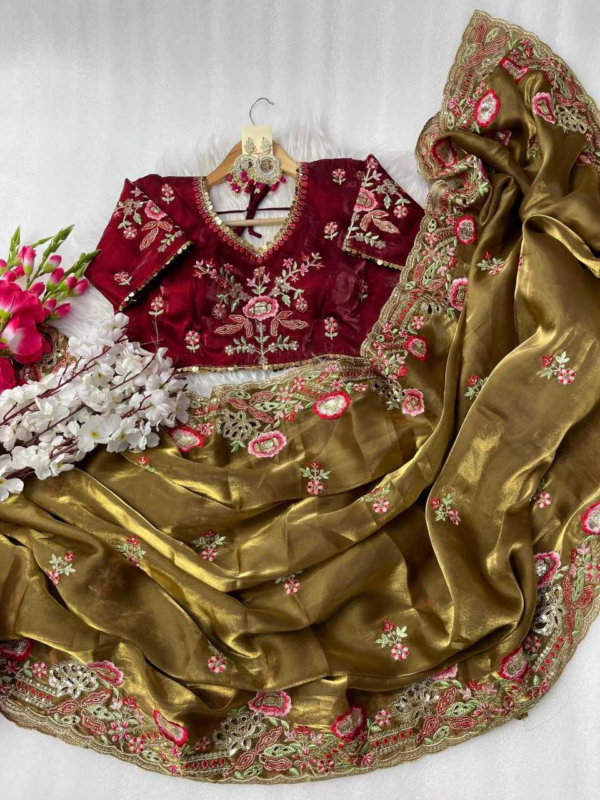 Elegant Pure Zimmy Choo Silk Blend Saree With Heavy Embroidery, Cutwork, And Sequins Border, Paired With Stitched Blouse - Image 5