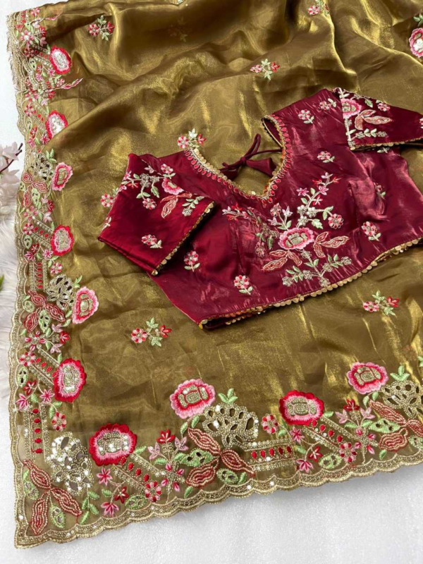 Elegant Pure Zimmy Choo Silk Blend Saree With Heavy Embroidery, Cutwork, And Sequins Border, Paired With Stitched Blouse - Image 9