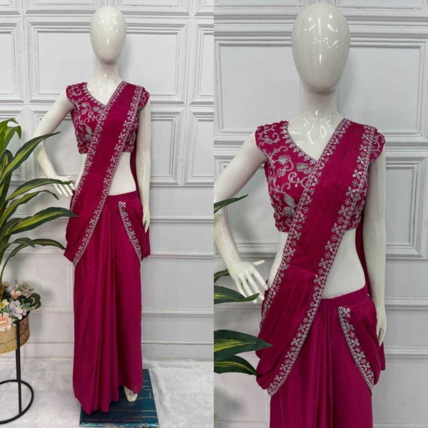 Blue EMBROIDERED LACE BORDER, READY TO WEAR WITH INNER & SHORT PALLU PATTERN - Image 7