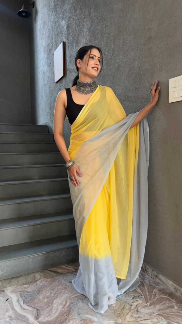 Gorgeous Light Yellow Georgette Padding Print Ready to Wear Sarees With Unstitched Blouse - Image 2