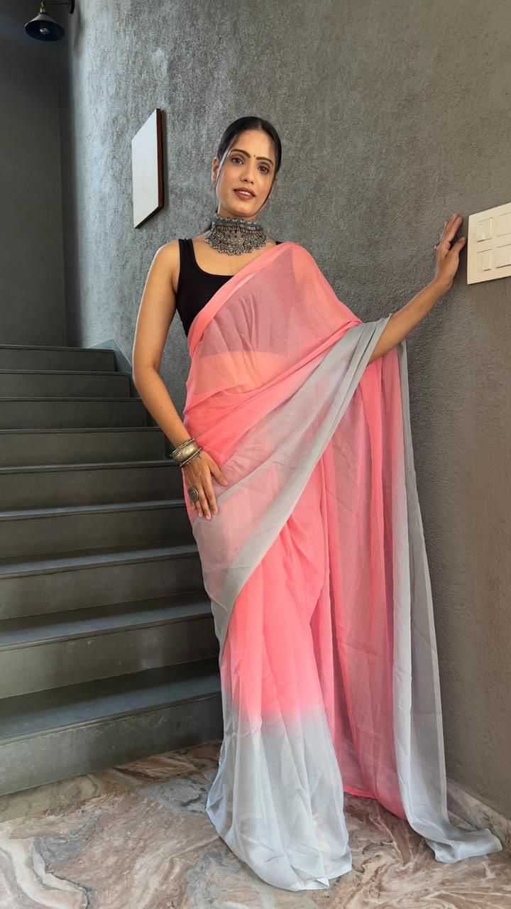 Gorgeous Peach Georgette Padding Print Ready to Wear Sarees With Unstitched Blouse