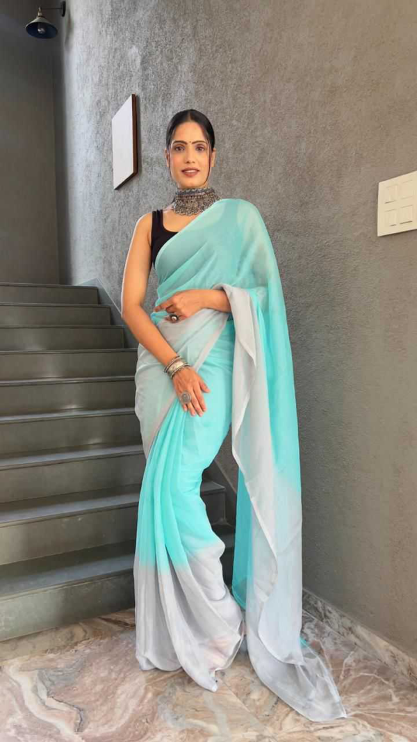 Gorgeous Light sky Blue Georgette Padding Print Ready to Wear Sarees With Unstitched Blouse - Image 2