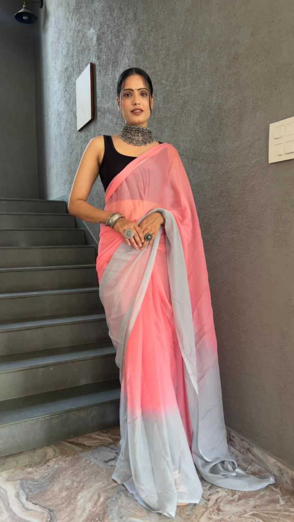 Gorgeous Peach Georgette Padding Print Ready to Wear Sarees With Unstitched Blouse - Image 2