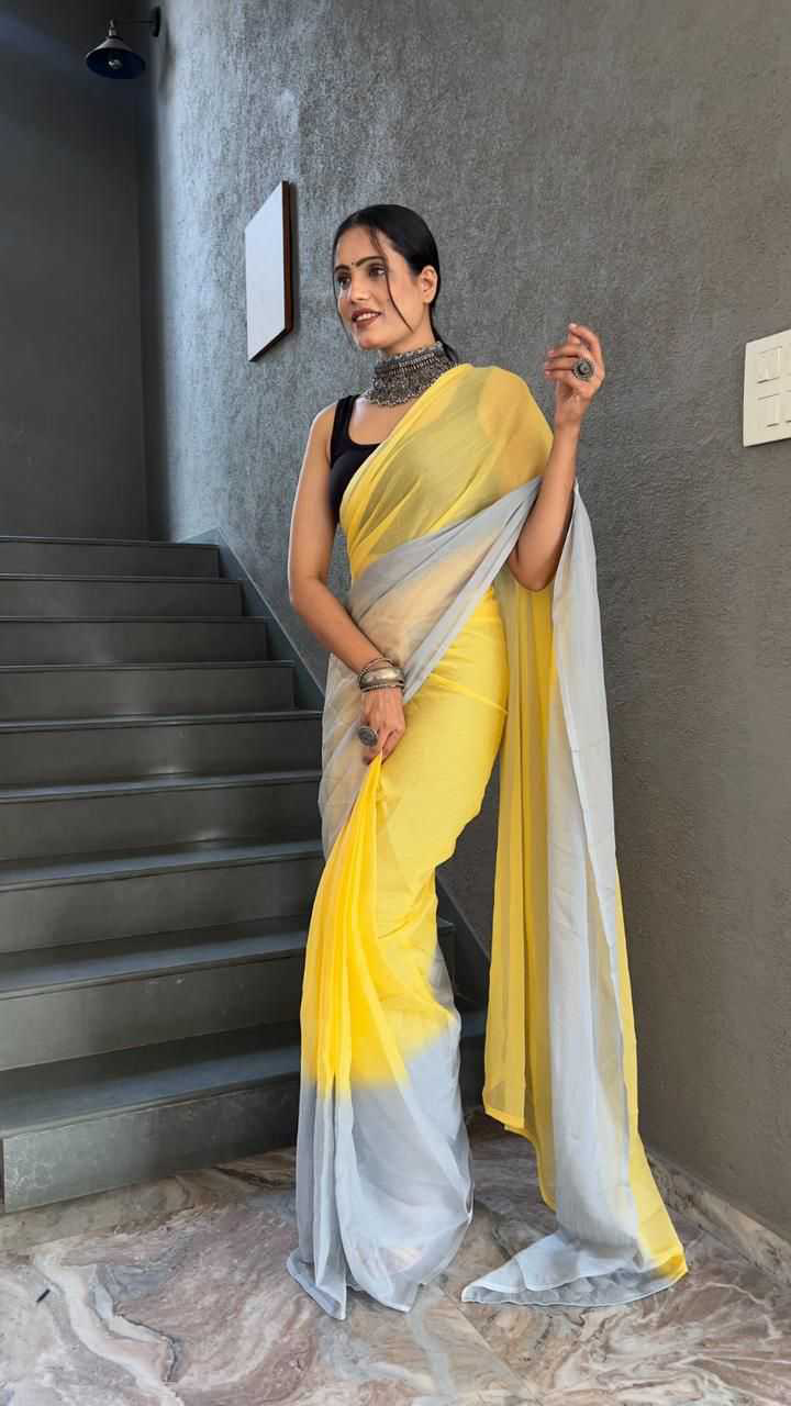 Gorgeous Light Yellow Georgette Padding Print Ready to Wear Sarees With Unstitched Blouse