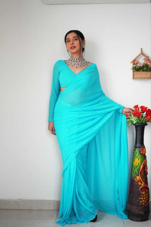 Pretty Sky Blue Color Soft Georgette Silk Design All Over Work Saree - Image 2