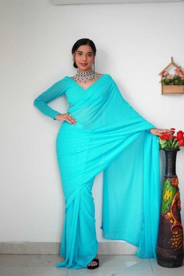 Pretty Sky Blue Color Soft Georgette Silk Design All Over Work Saree - Image 3