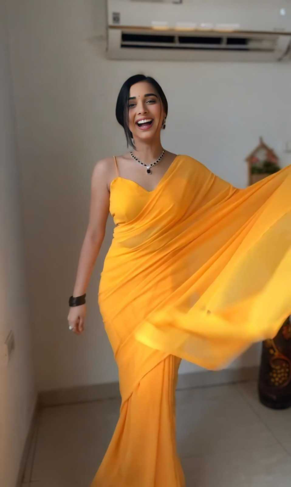 Pretty Yellow Color Soft Georgette Silk Design All Over Work Saree - Image 3