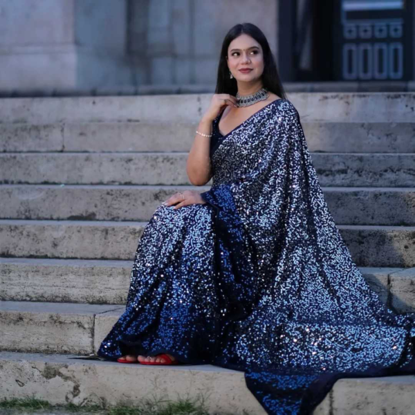 Navy Blue Beautiful Dual color 5 MM sequins embroidery work Saree - Image 8