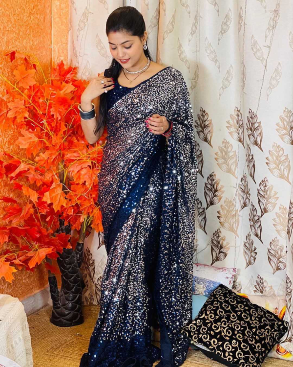 Navy Blue Beautiful Dual color 5 MM sequins embroidery work Saree - Image 7