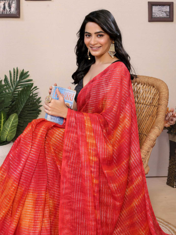 Red Georgette Ready To Wear Saree With Contrast Blouse - Image 8