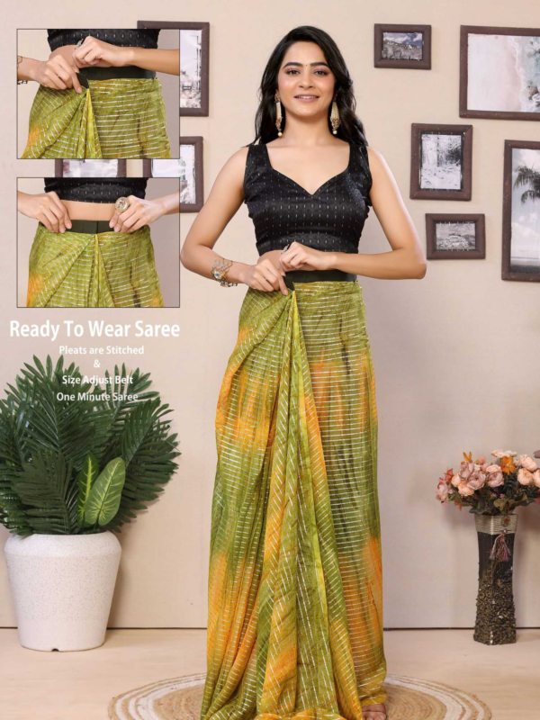 Green Georgette Ready To Wear Saree With Contrast Blouse - Image 4